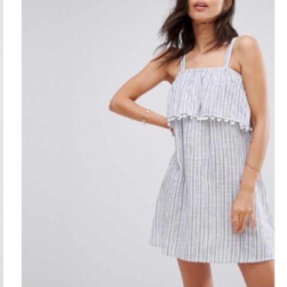 🥳Host Pick🥳 White & Blue stripe Pom trim dress - Picture 2 of 7